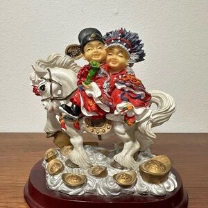 Traditional Chinese Wedding Couple on White Horse Figurine